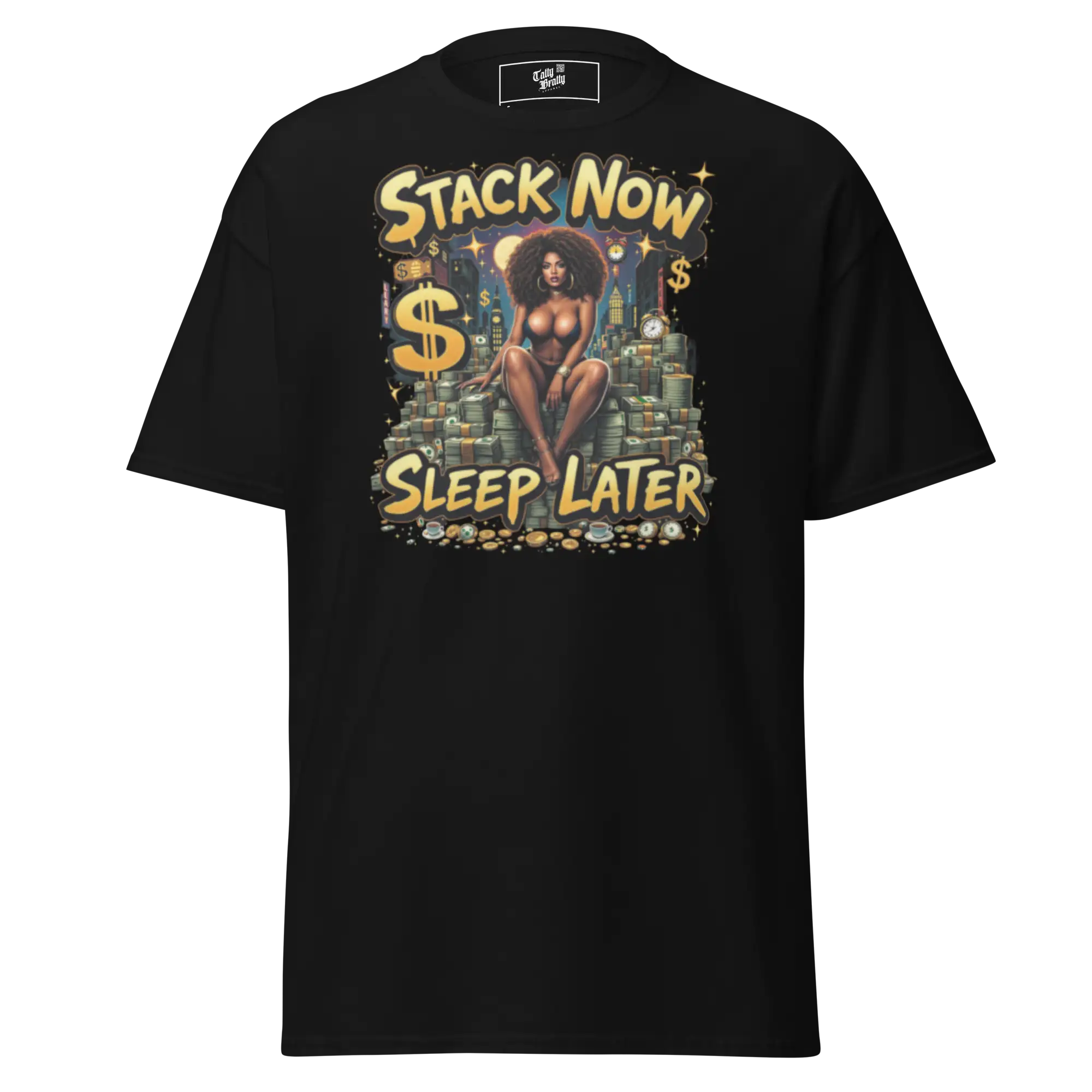 Black graphic t-shirt.