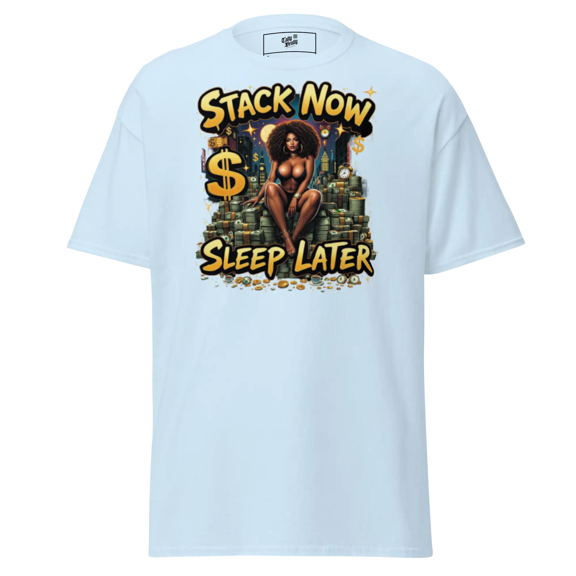 Light blue t-shirt.