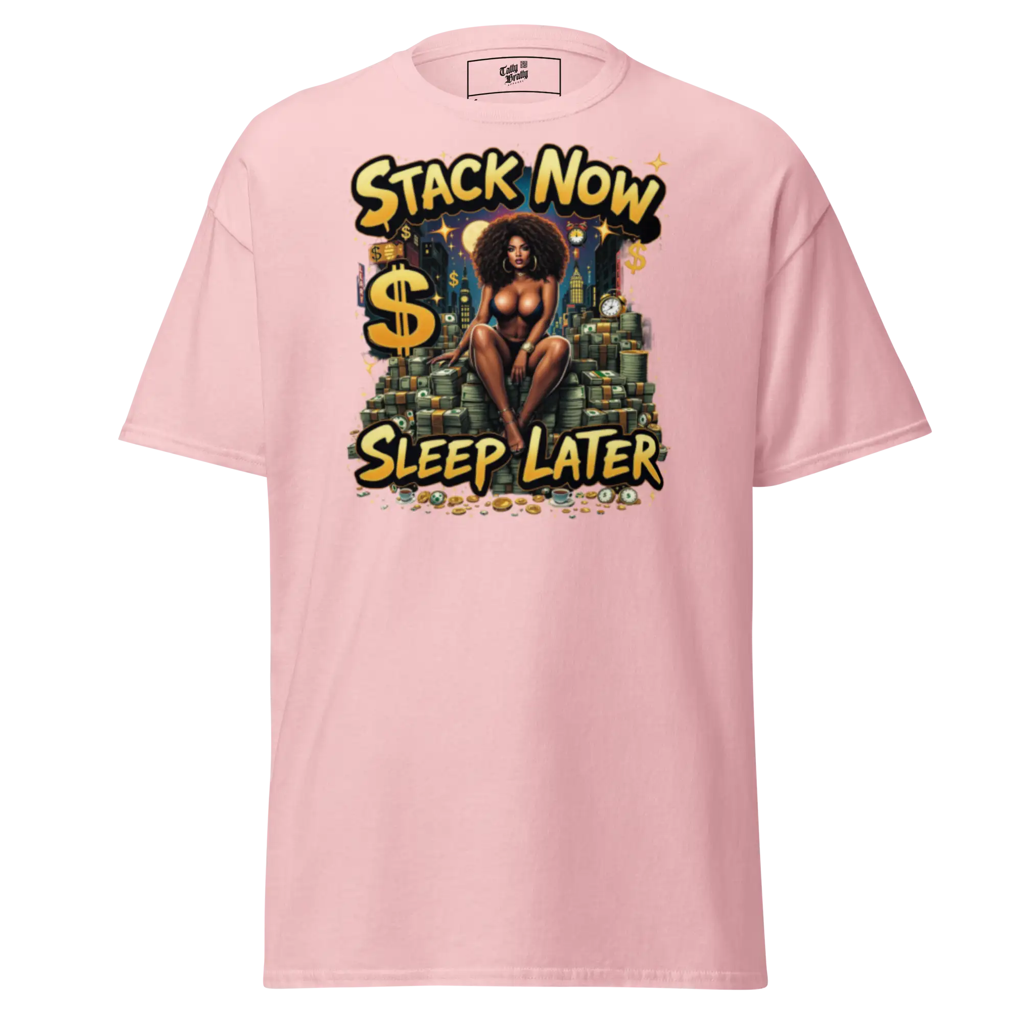 Pink t-shirt with graphic.
