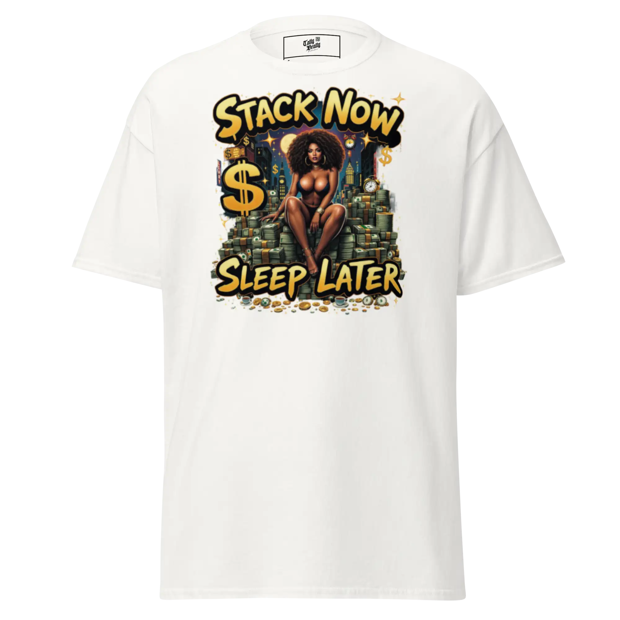 White t-shirt with graphic.
