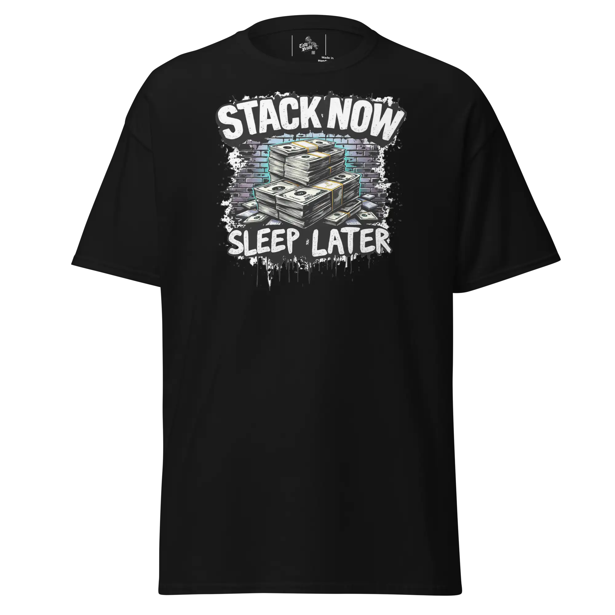 Black t-shirt with money graphic.