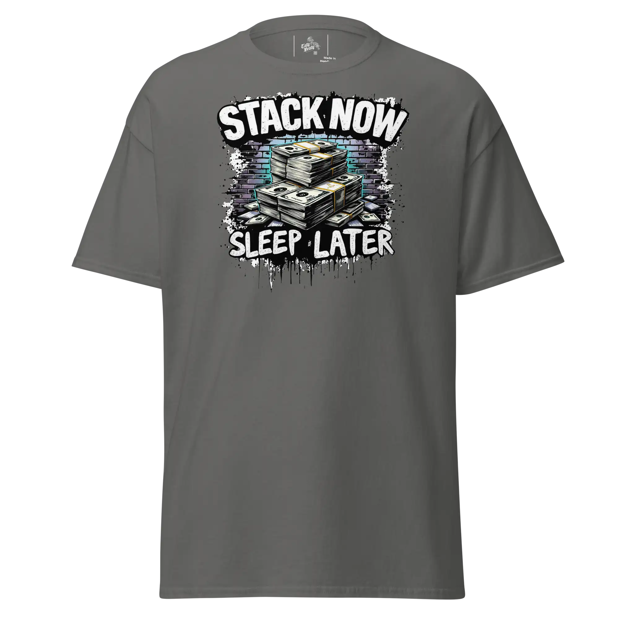 Gray t-shirt with money graphic.