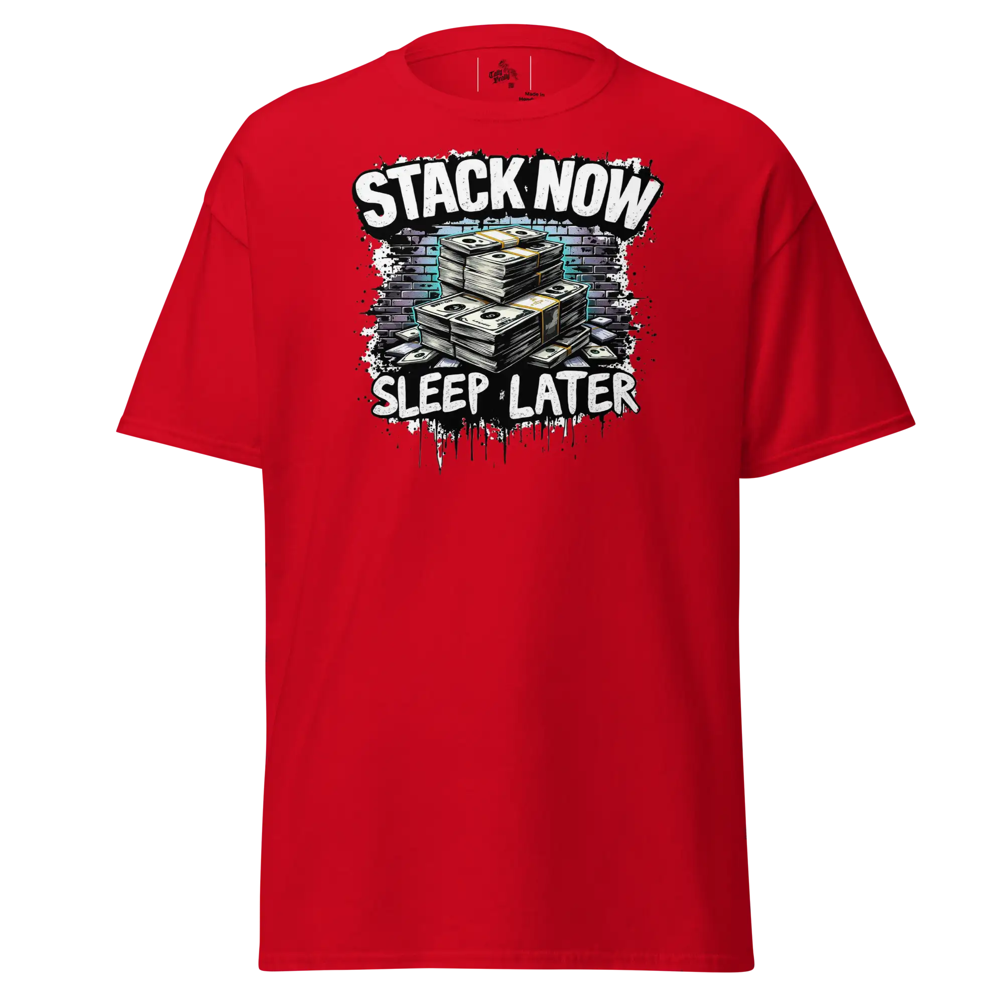 Red t-shirt with money graphic.