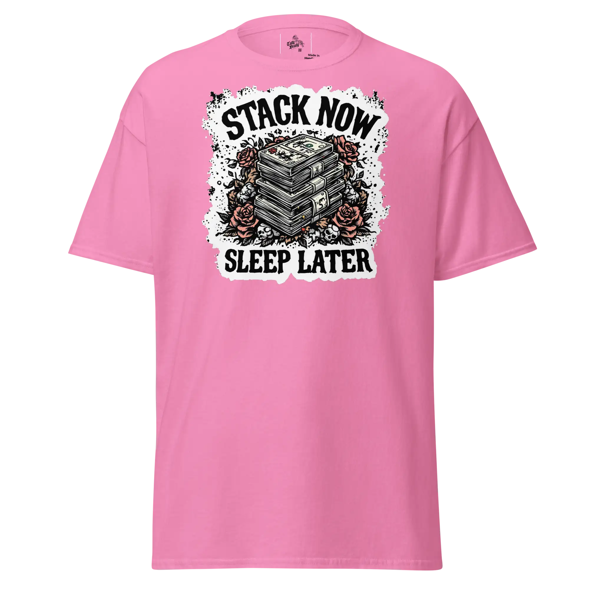 Pink t-shirt with money graphic.