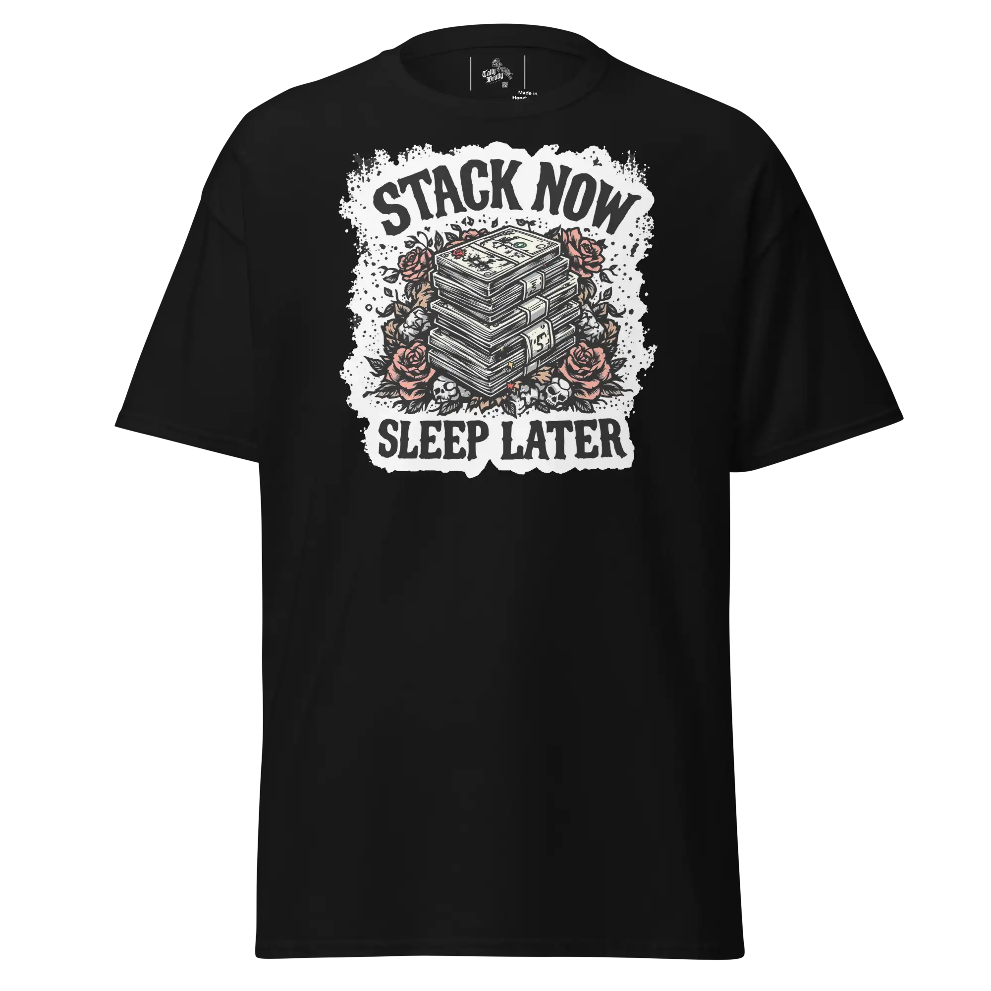 Black t-shirt with money and roses graphic.