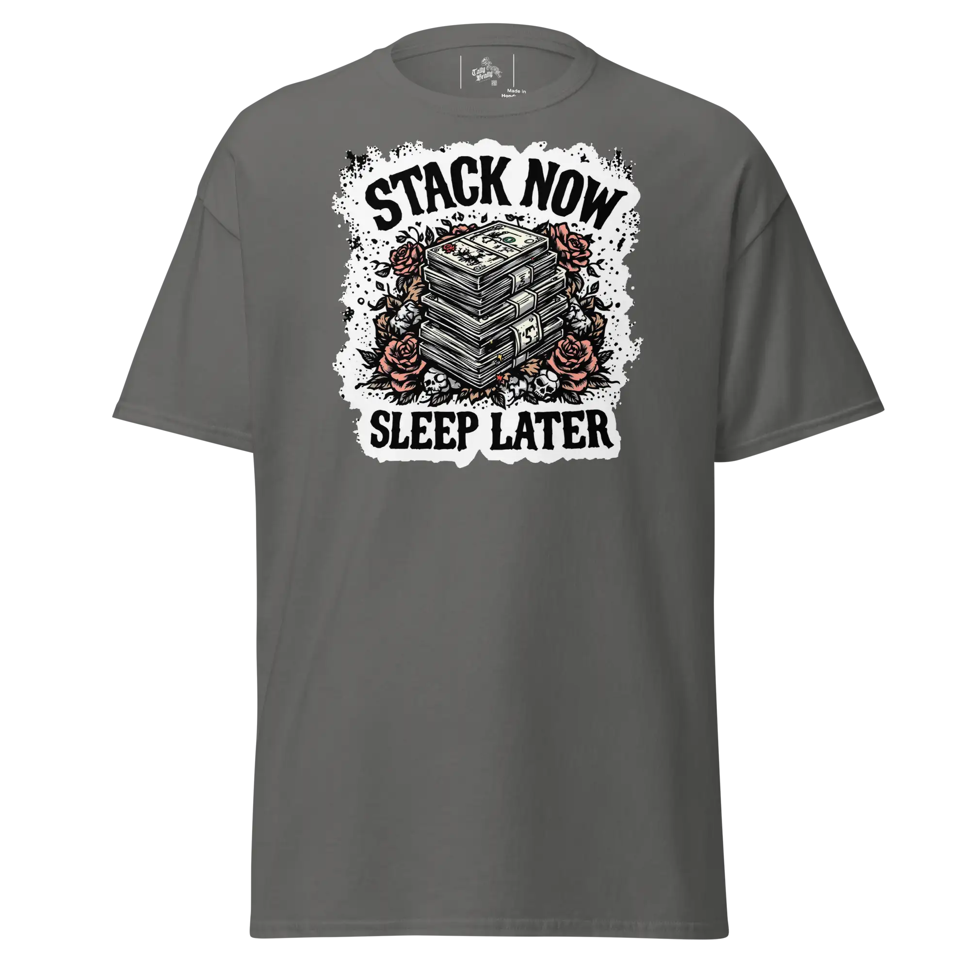 Gray t-shirt with money and roses graphic.