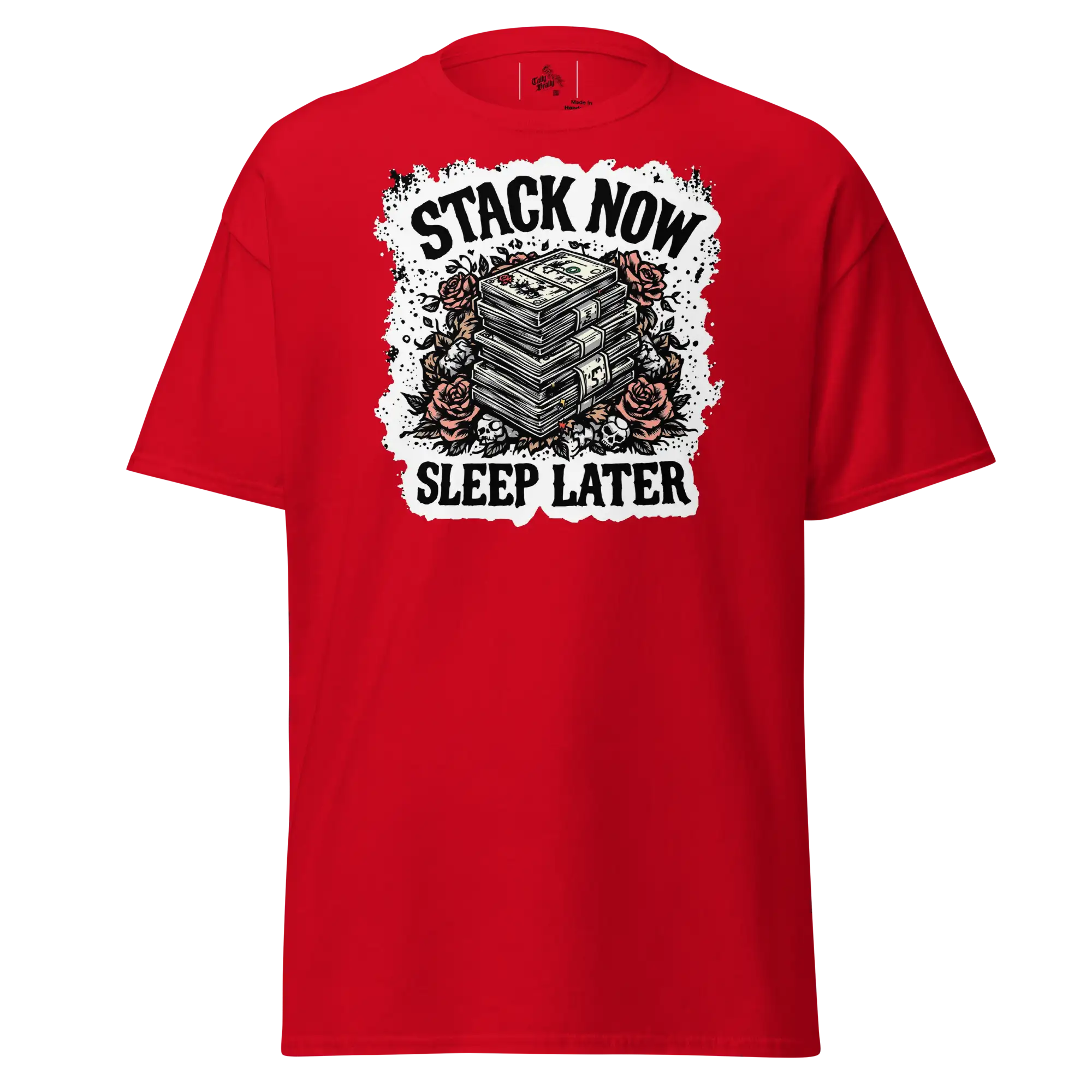 Red t-shirt with money graphic.