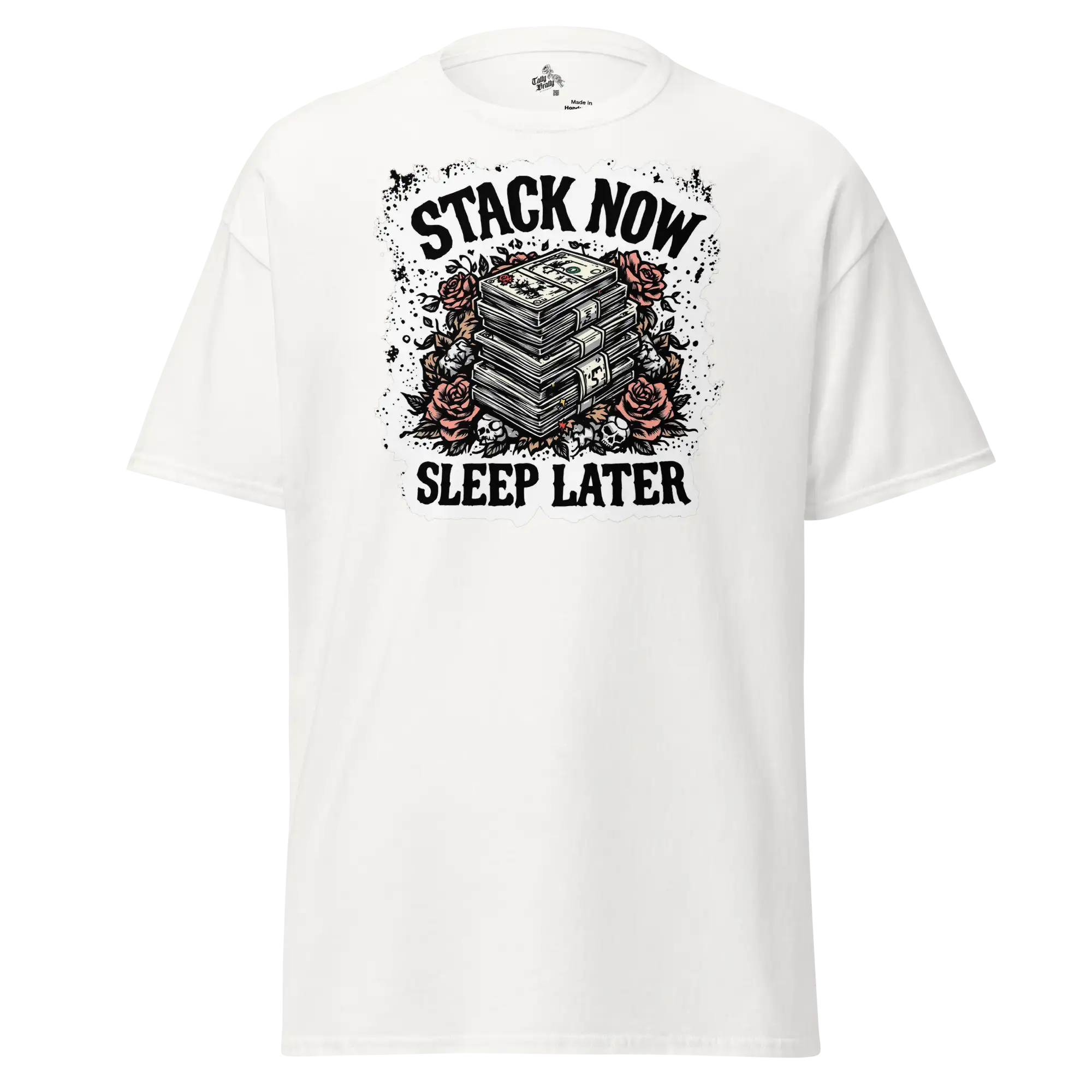 White t-shirt with money and roses graphic.