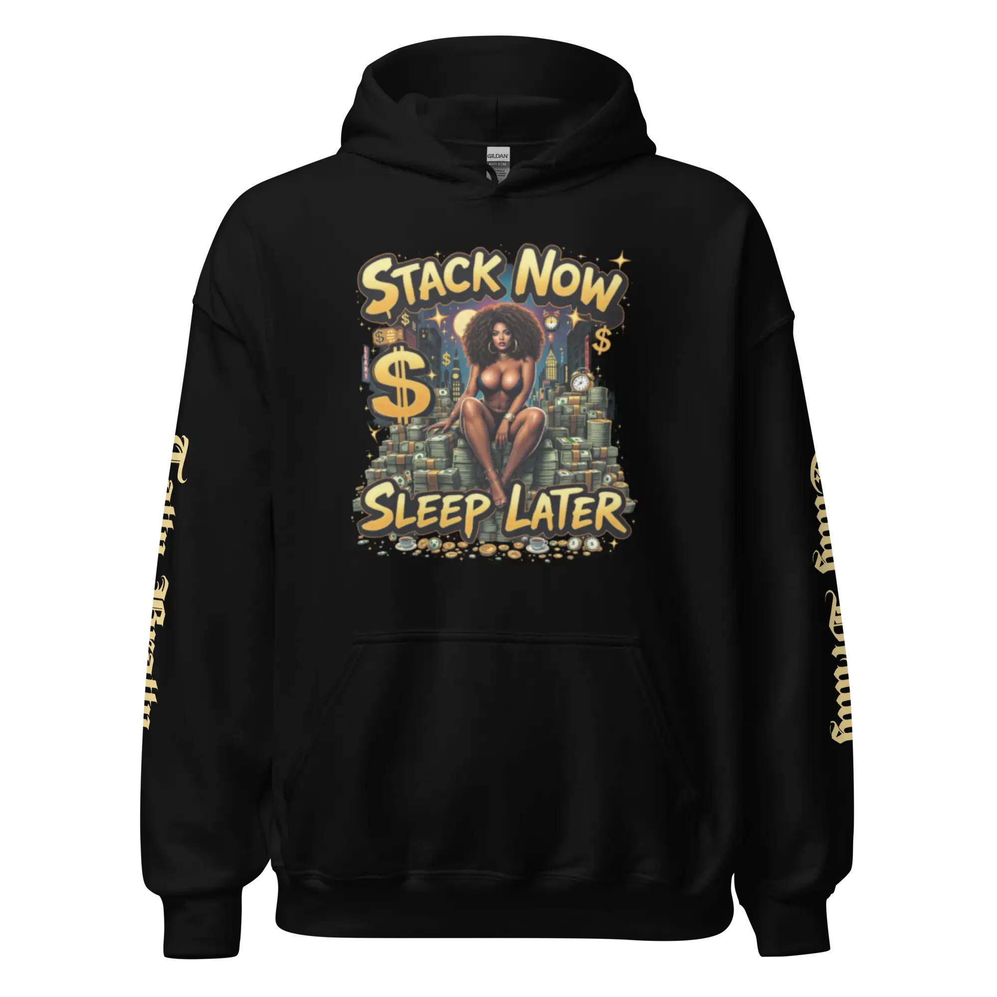 Black hoodie with graphic.
