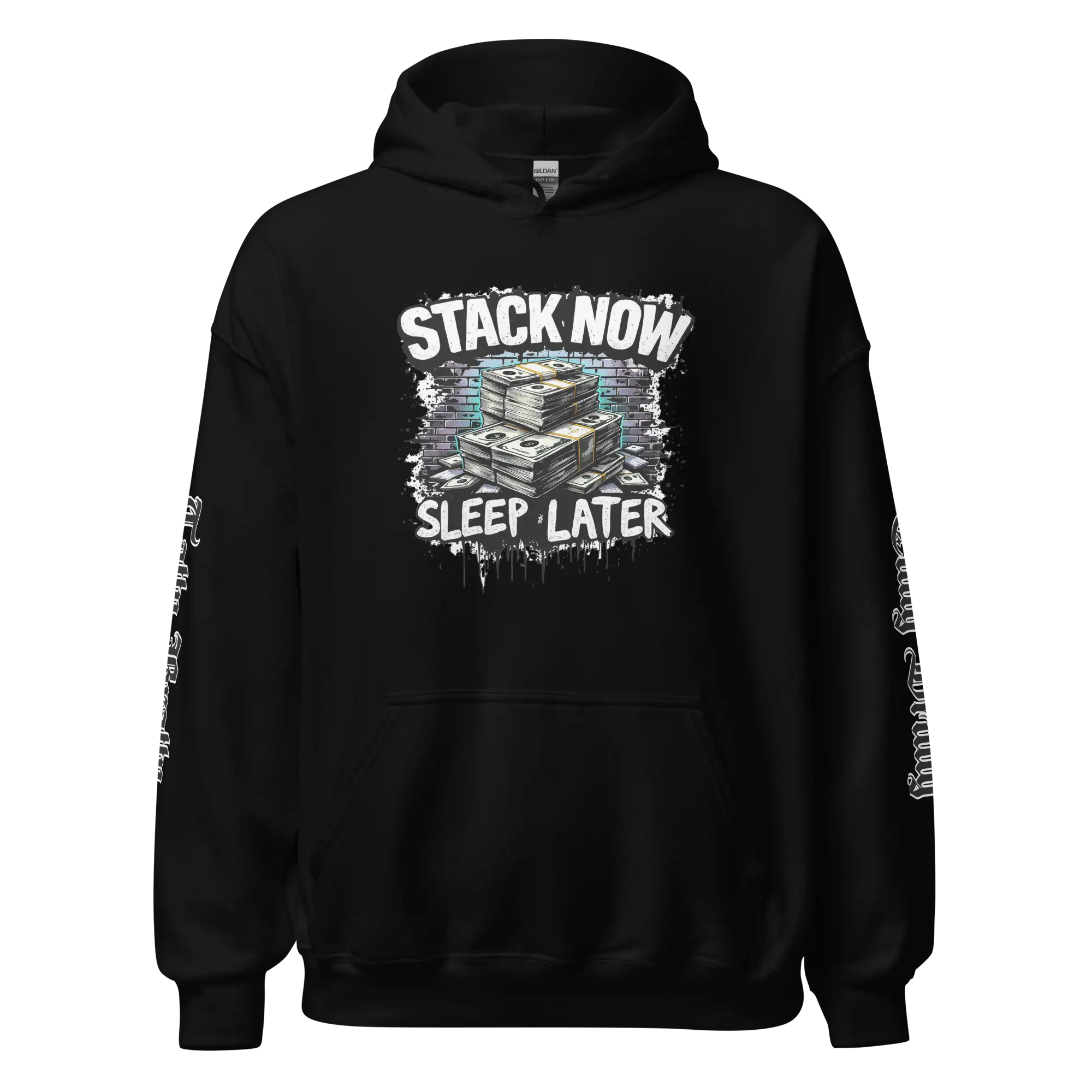 Black hoodie with money graphic.