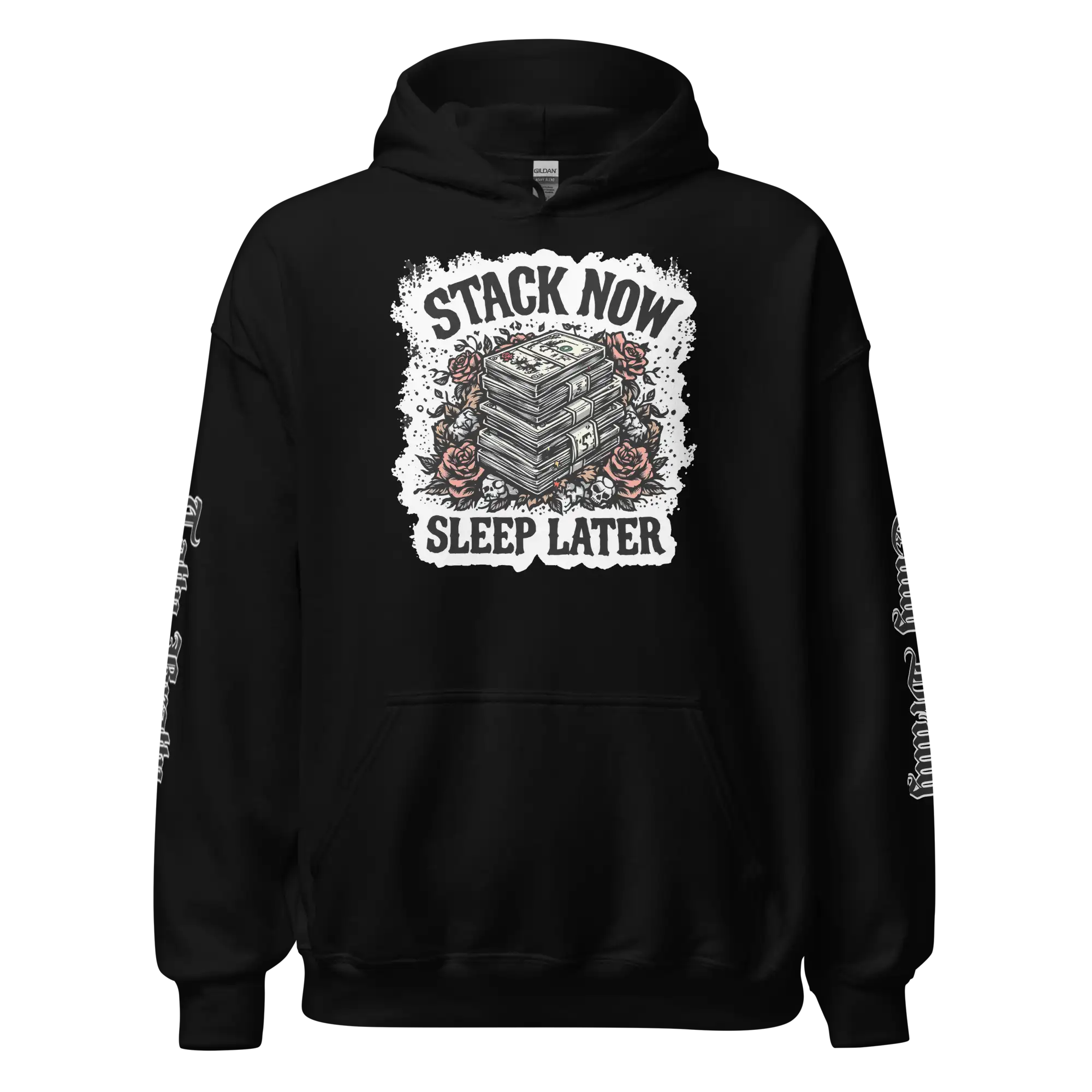 Black hoodie with money graphic.