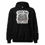 Black hoodie with money graphic.