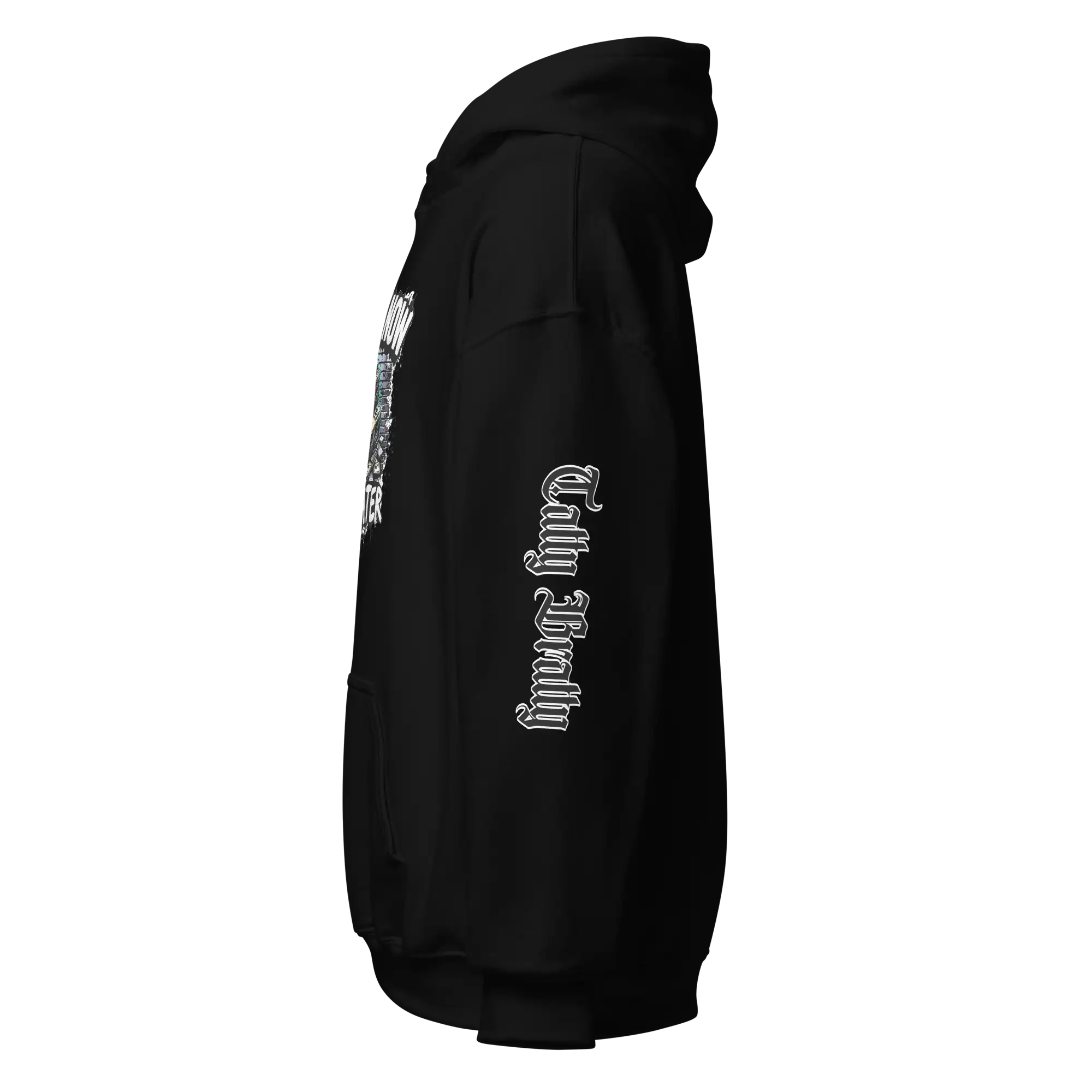 Black hoodie with gothic script.