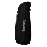 Black hoodie with gothic script.