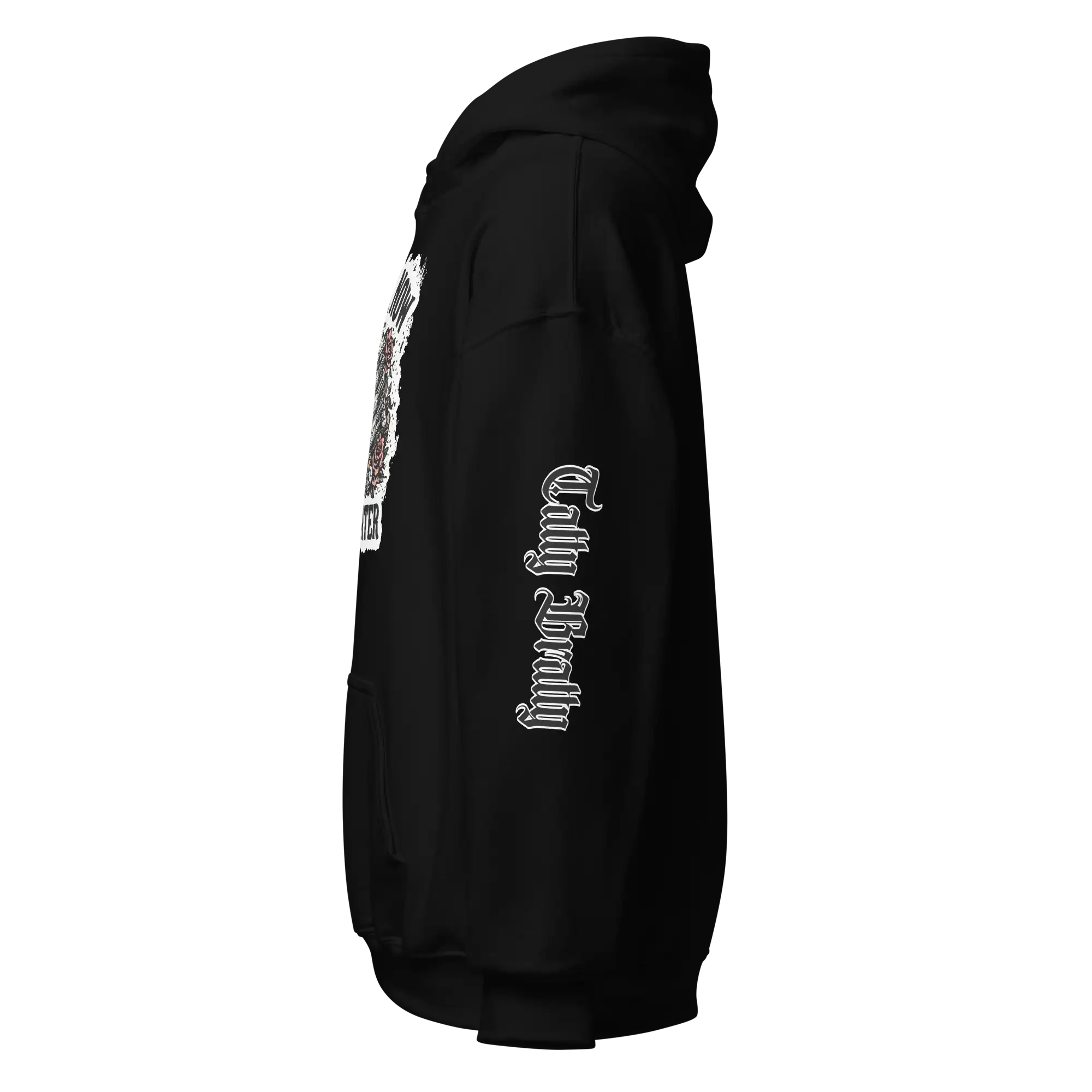 Black hooded sweatshirt.