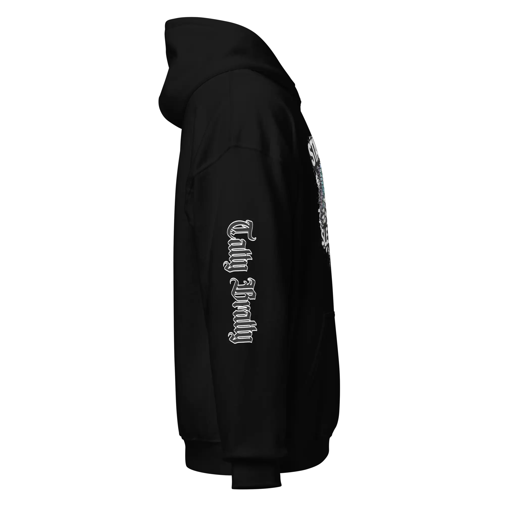 Black hoodie with sleeve graphic.