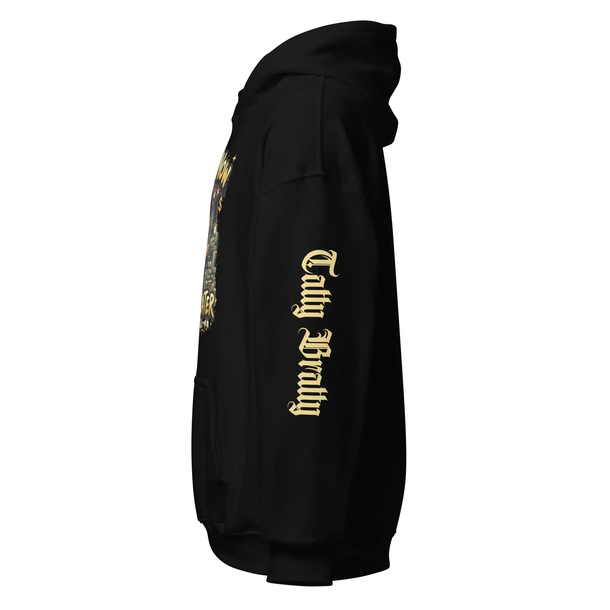 Black hoodie with sleeve graphic.