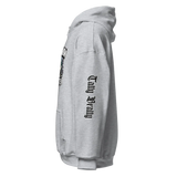 Gray hooded sweatshirt.