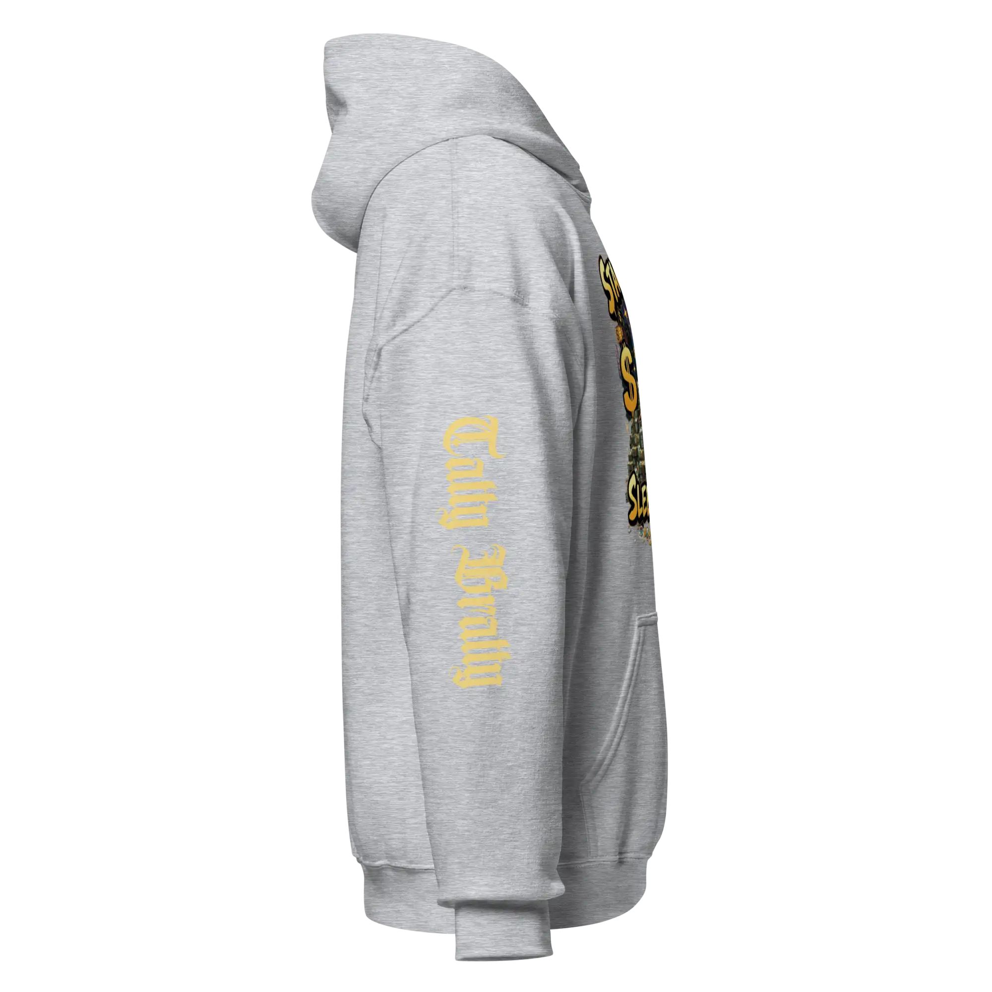 Gray hooded sweatshirt.
