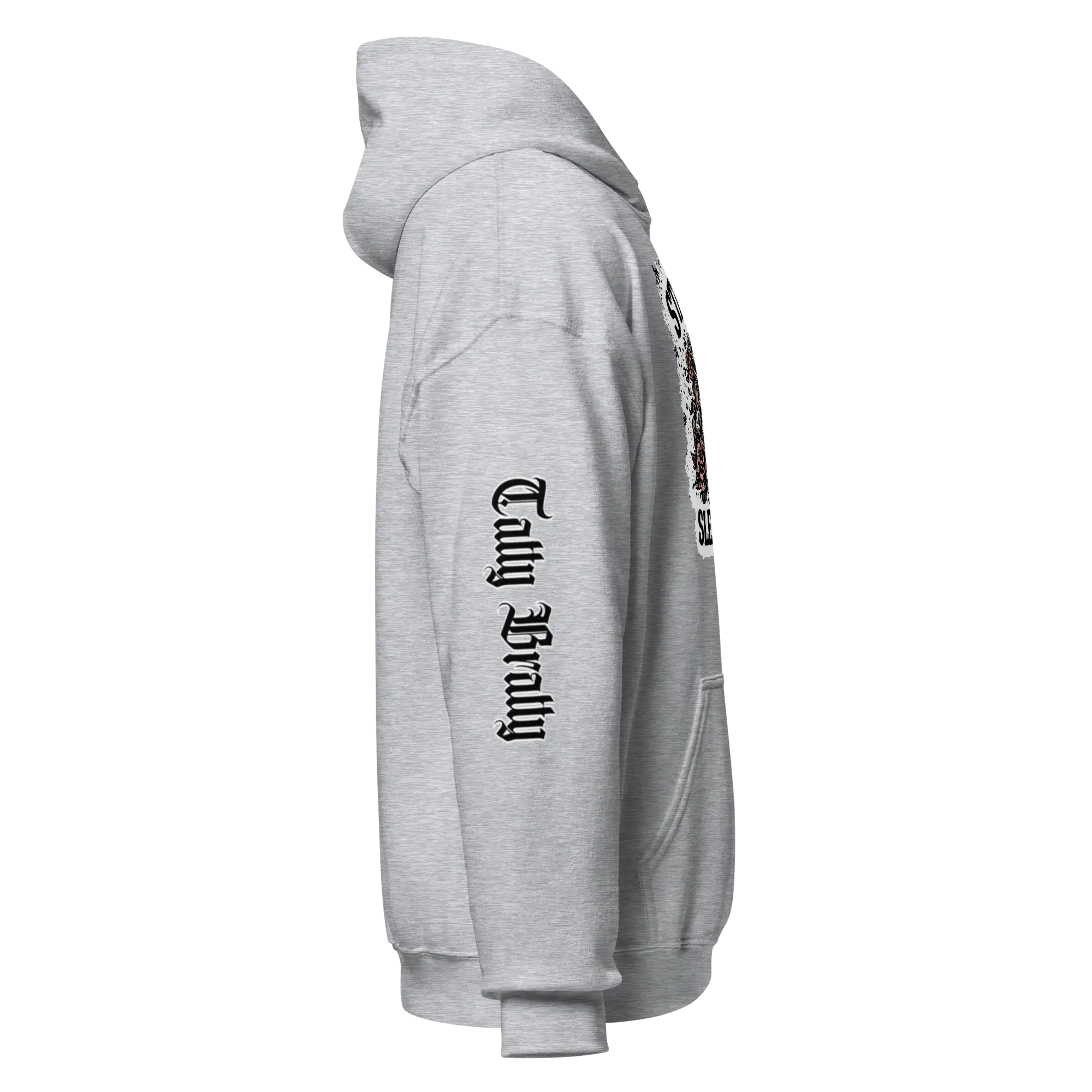 Gray hooded sweatshirt.