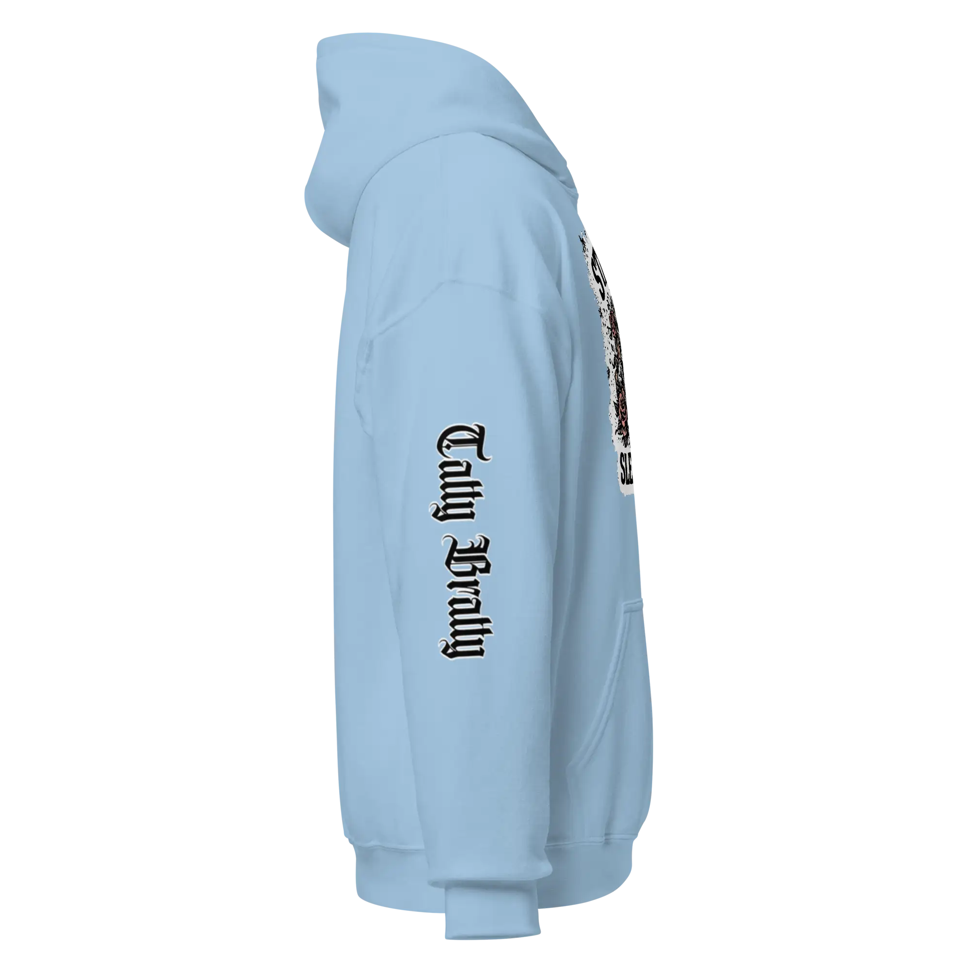 Light blue hoodie.