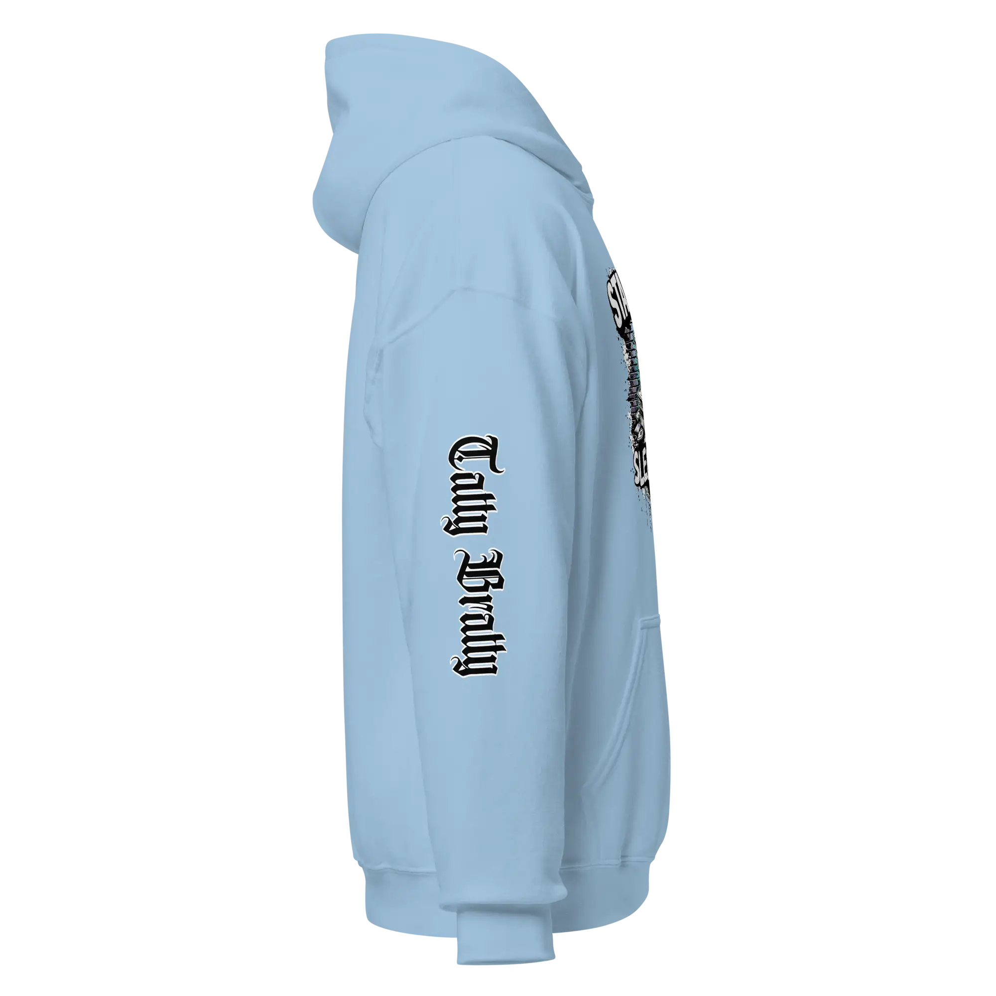 Light blue hoodie.