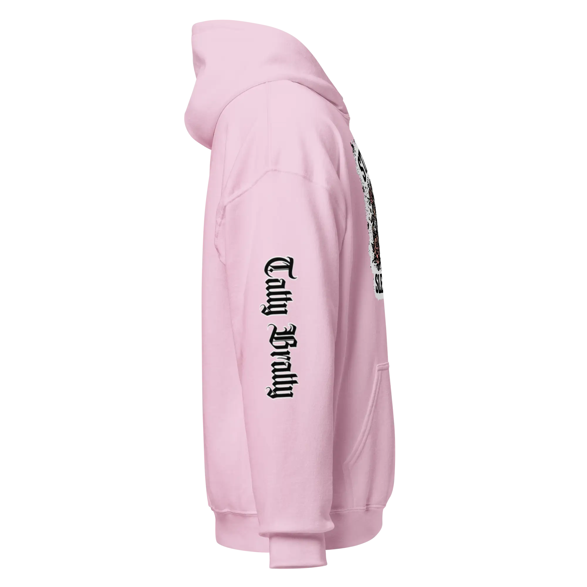 Pink hoodie with gothic lettering.