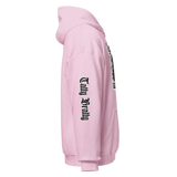 Pink hoodie with gothic lettering.