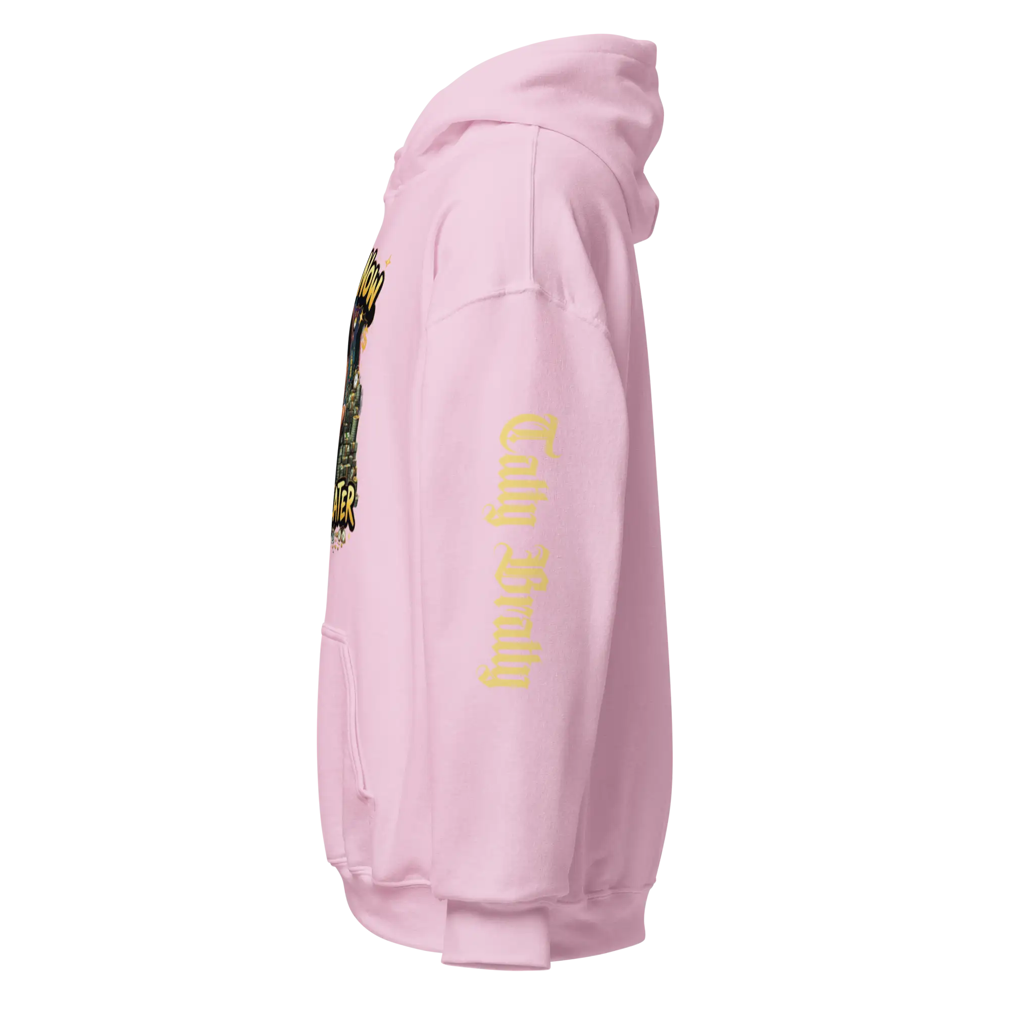 Pink hooded sweatshirt.