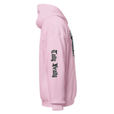 Pink hoodie with sleeve text.