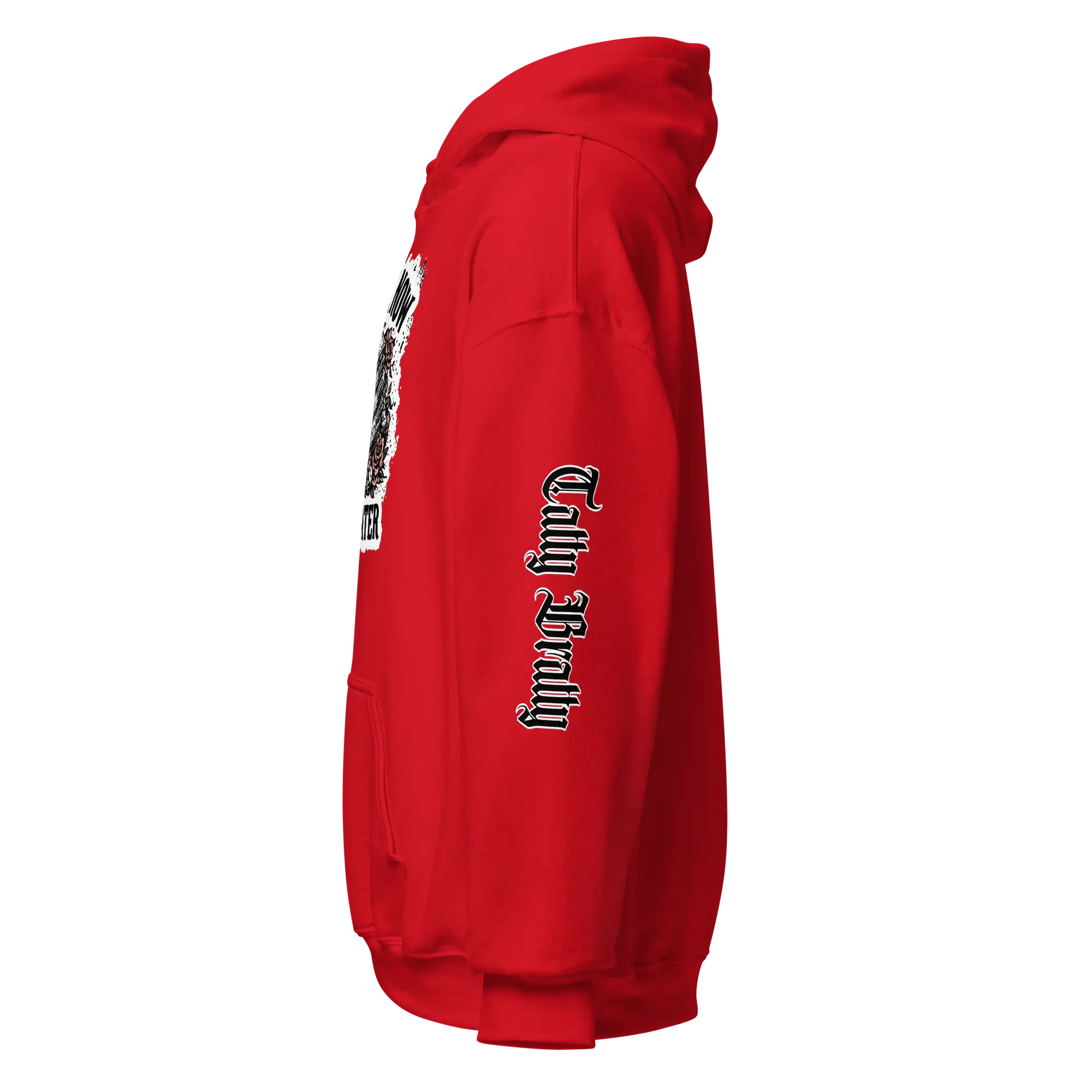 Red hooded sweatshirt.