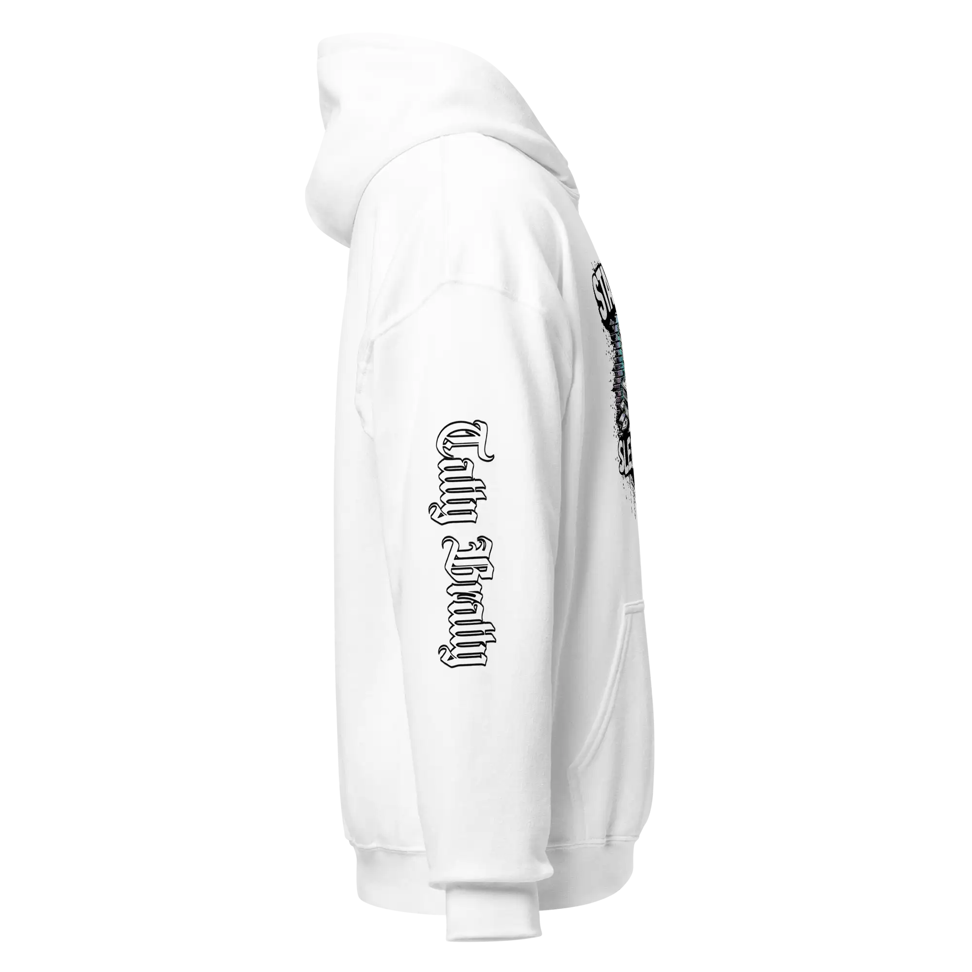 White hoodie with sleeve text.