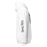 White hoodie with sleeve text.