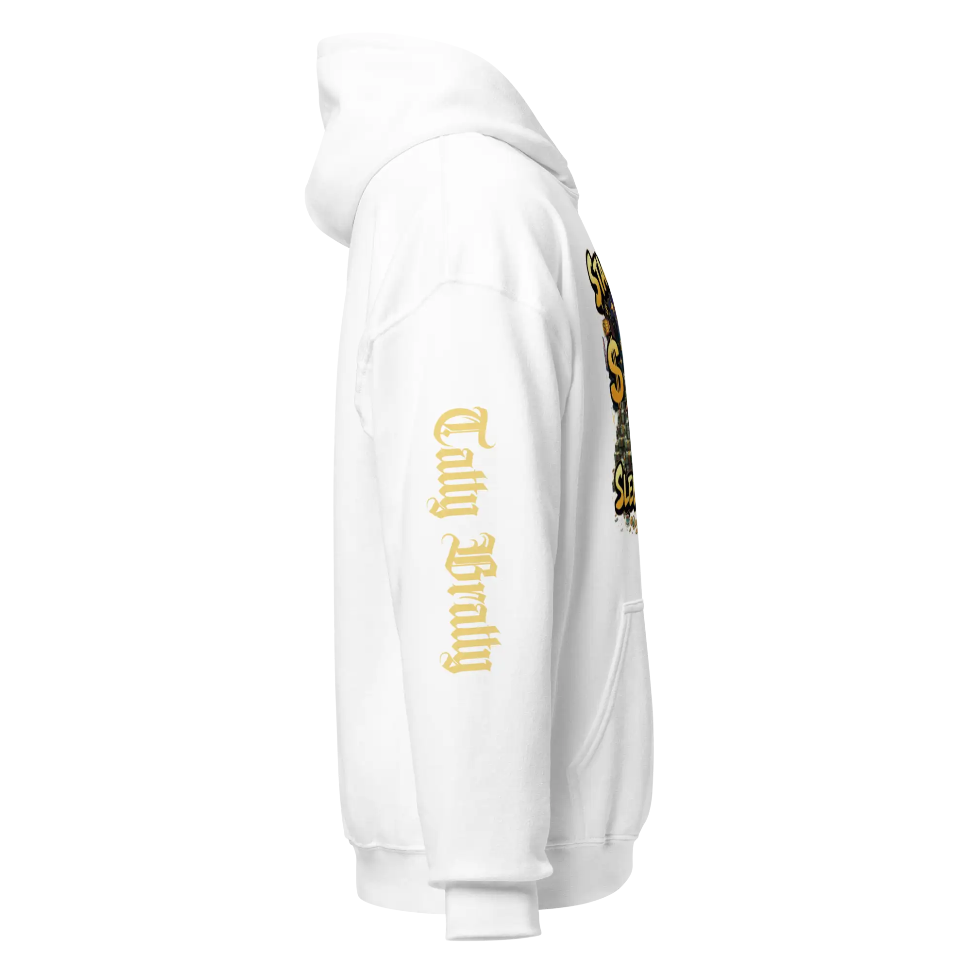 White hoodie with sleeve text.