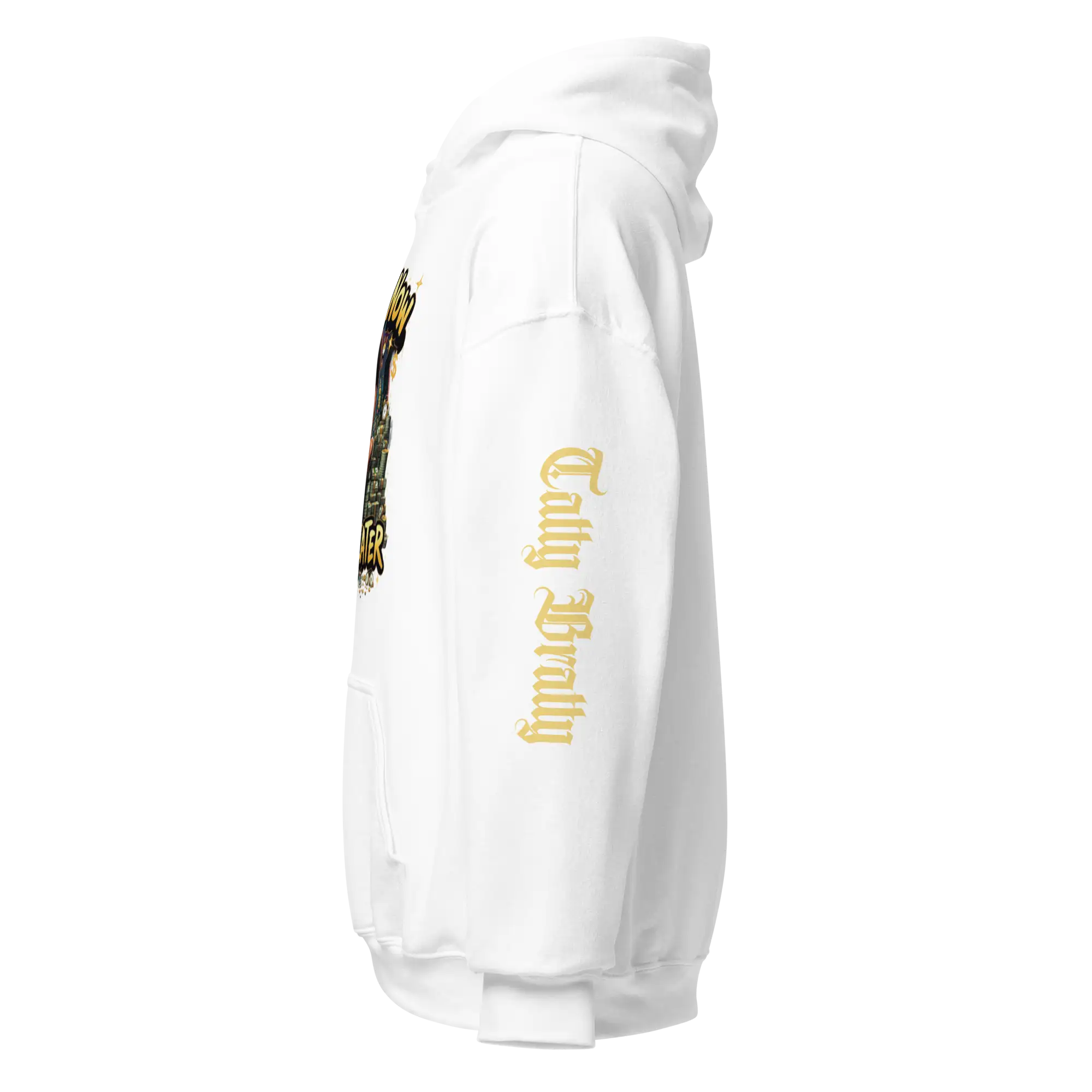 White hoodie with sleeve text.