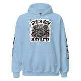 Light blue hoodie.