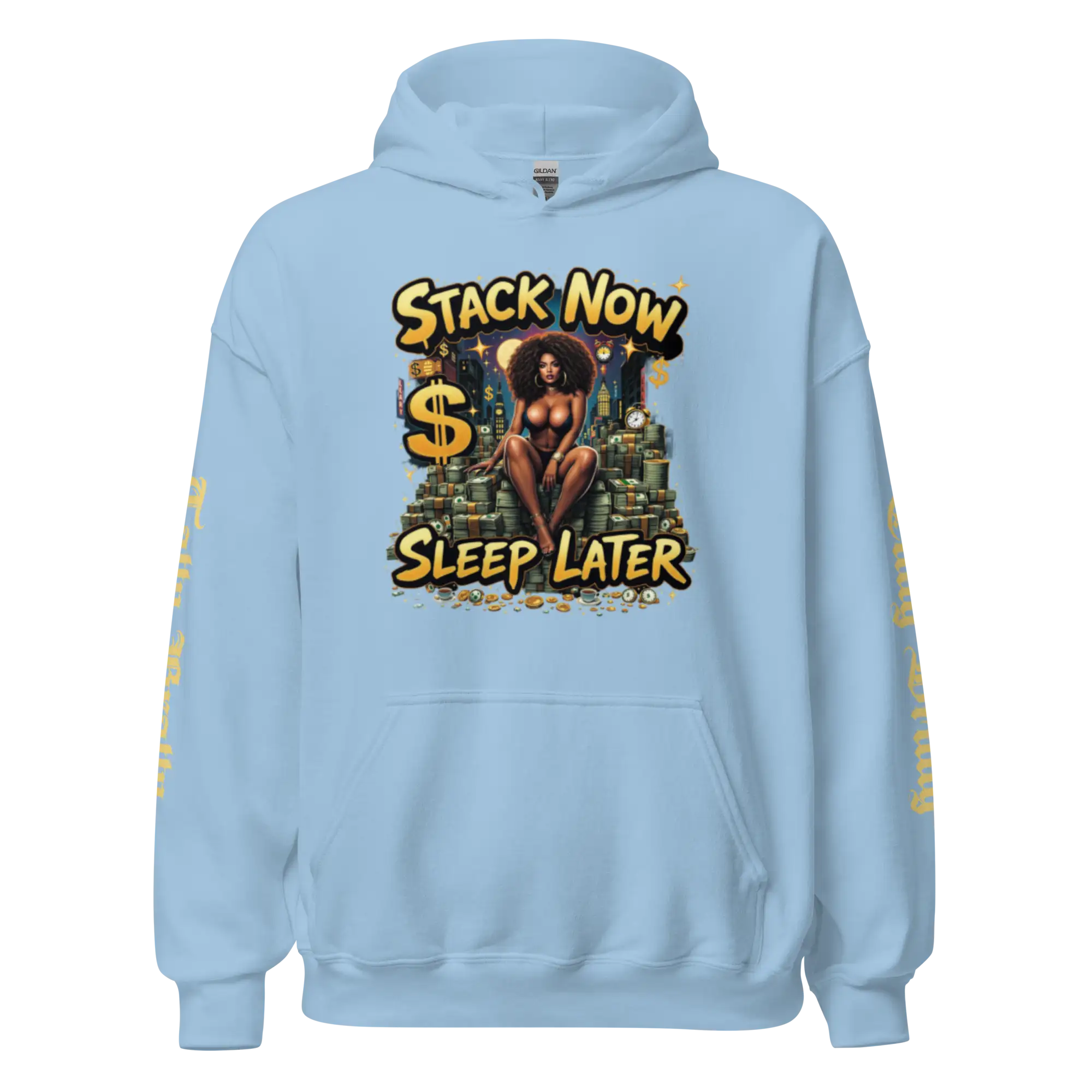 Light blue hoodie with a money-themed graphic.