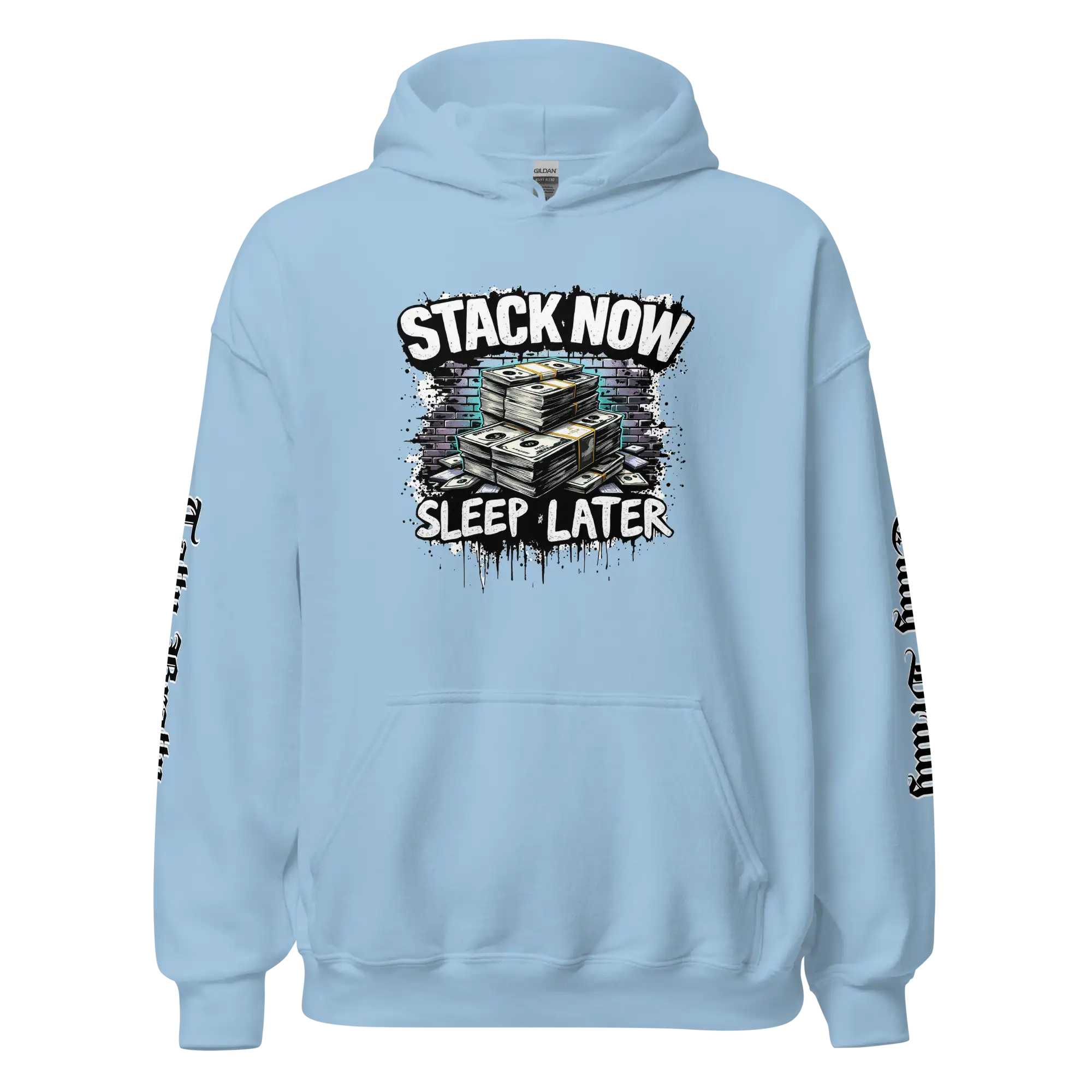 Light blue hoodie with money graphic.