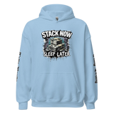 Light blue hoodie with money graphic.