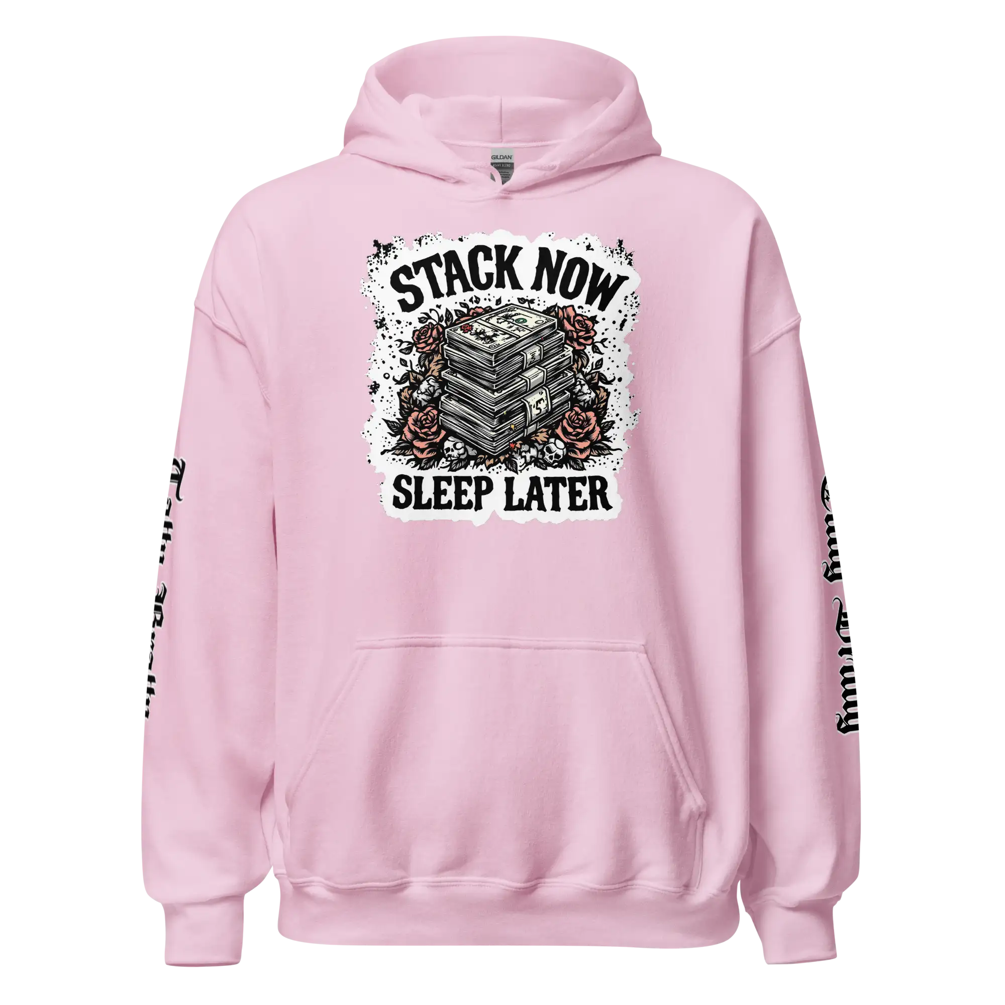 Pink hoodie with graphic.