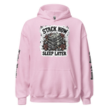 Pink hoodie with graphic.