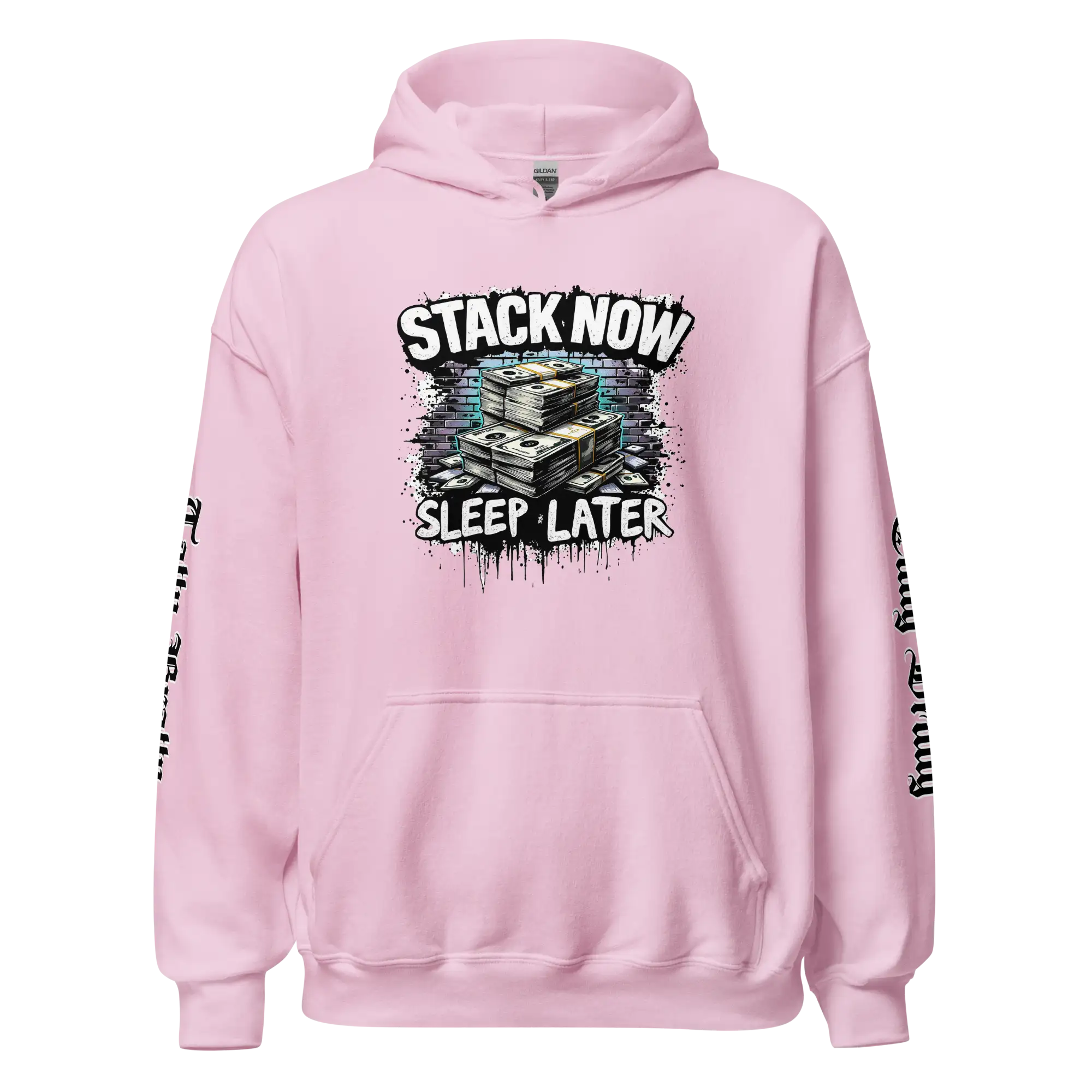 Pink hoodie with money graphic.