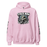 Pink hoodie with money graphic.