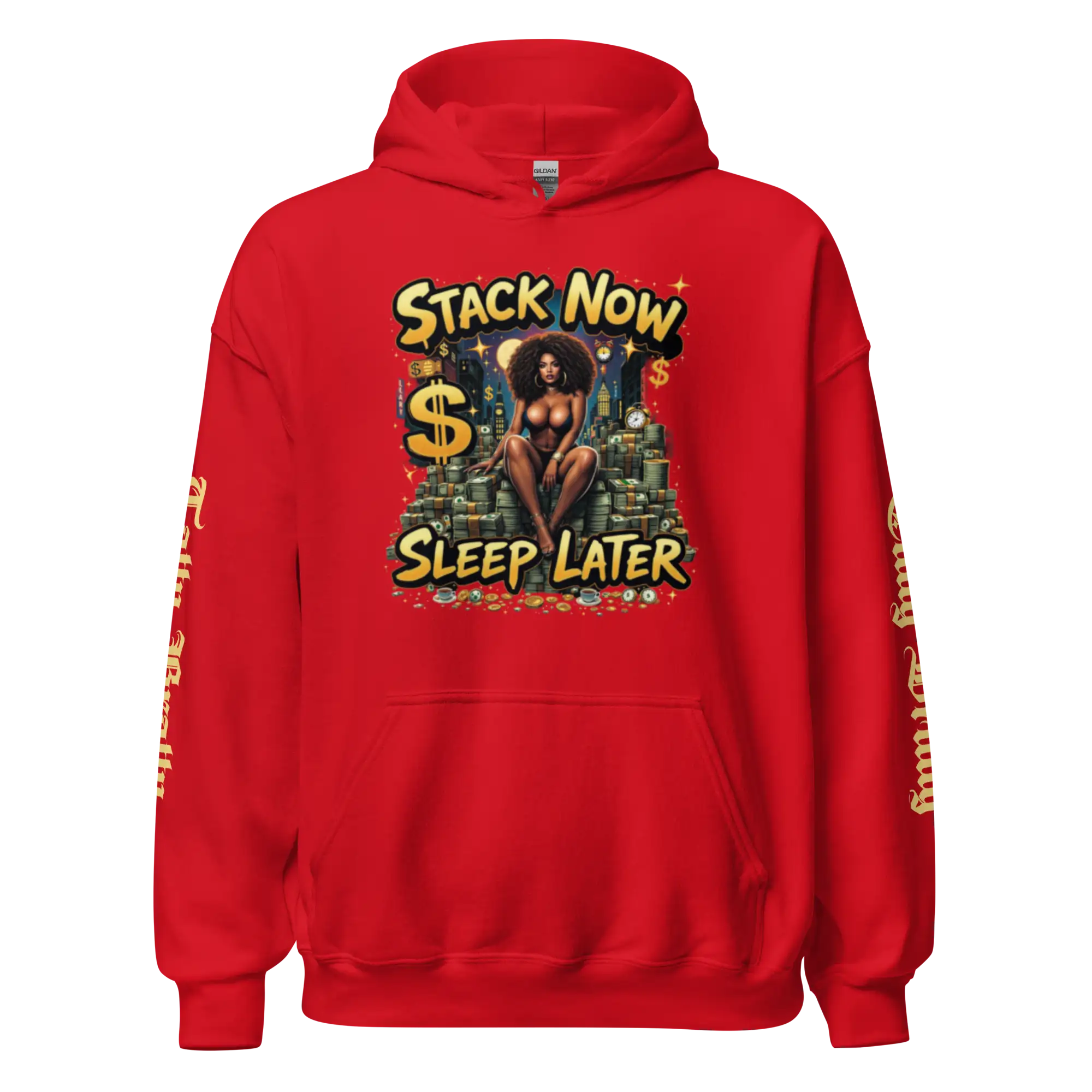 Red hoodie with graphic design.