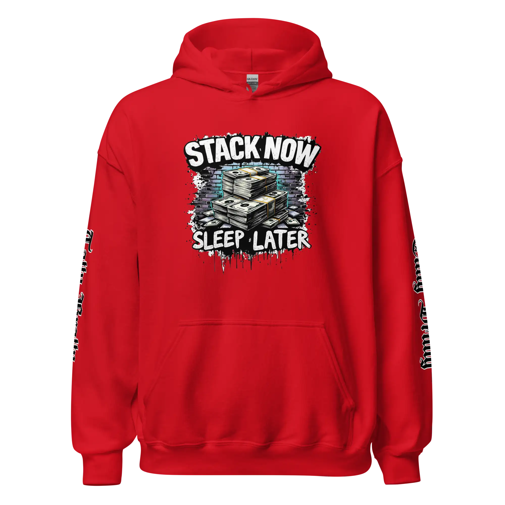 Red hoodie with money graphic.