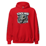 Red hoodie with money graphic.