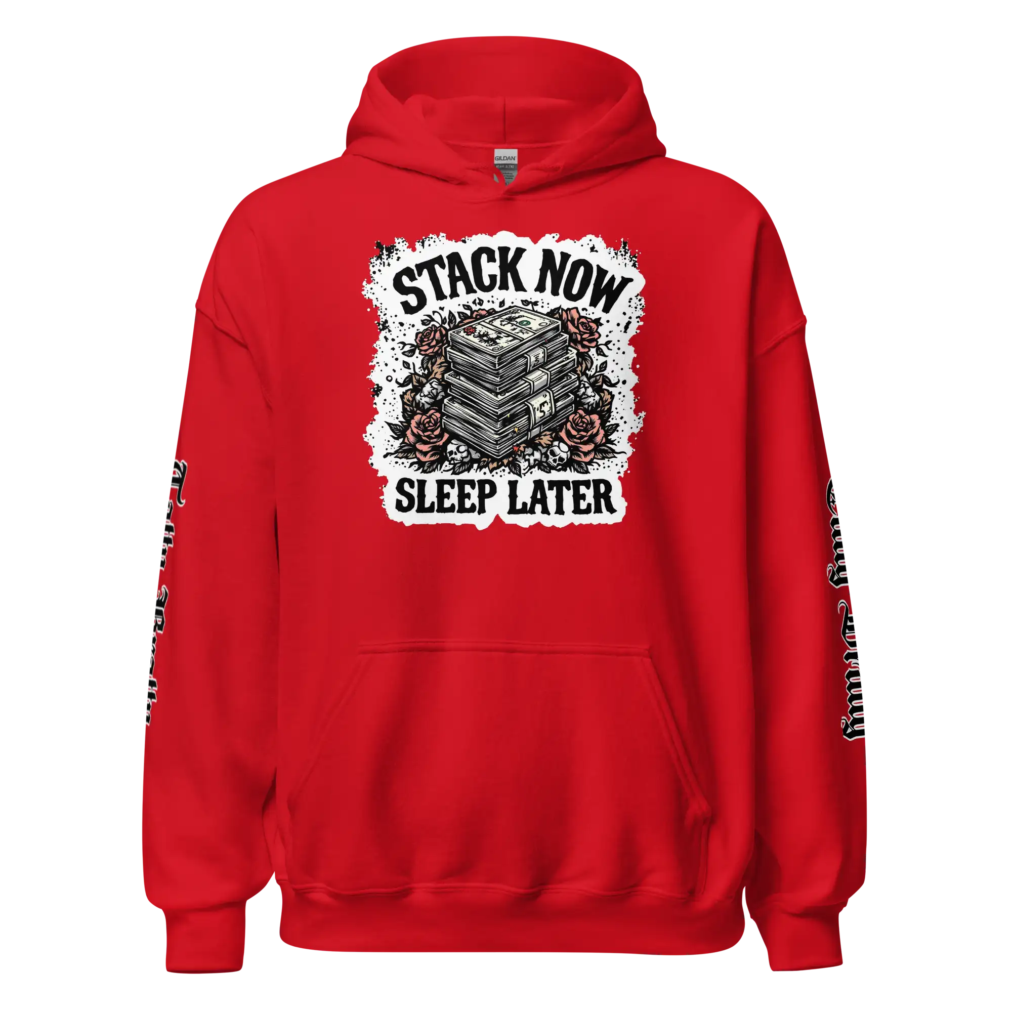 Red hoodie with money graphic.