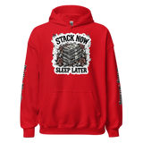 Red hoodie with money graphic.