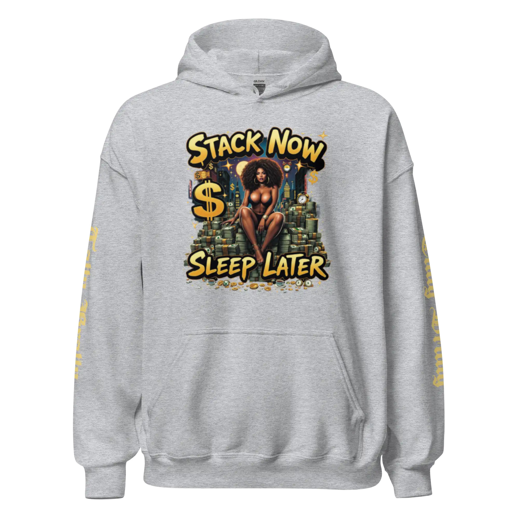 Gray hoodie with graphic.