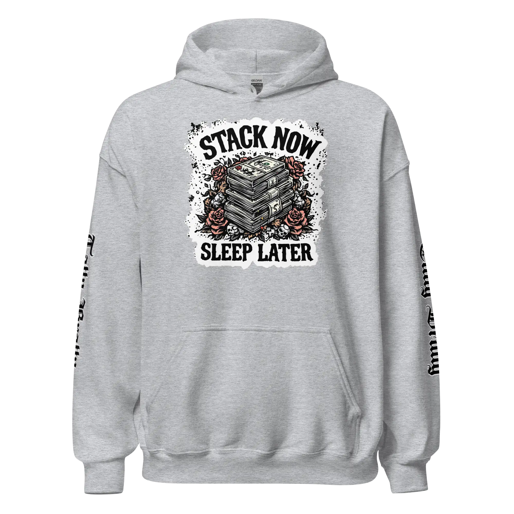 Gray hoodie with money graphic.